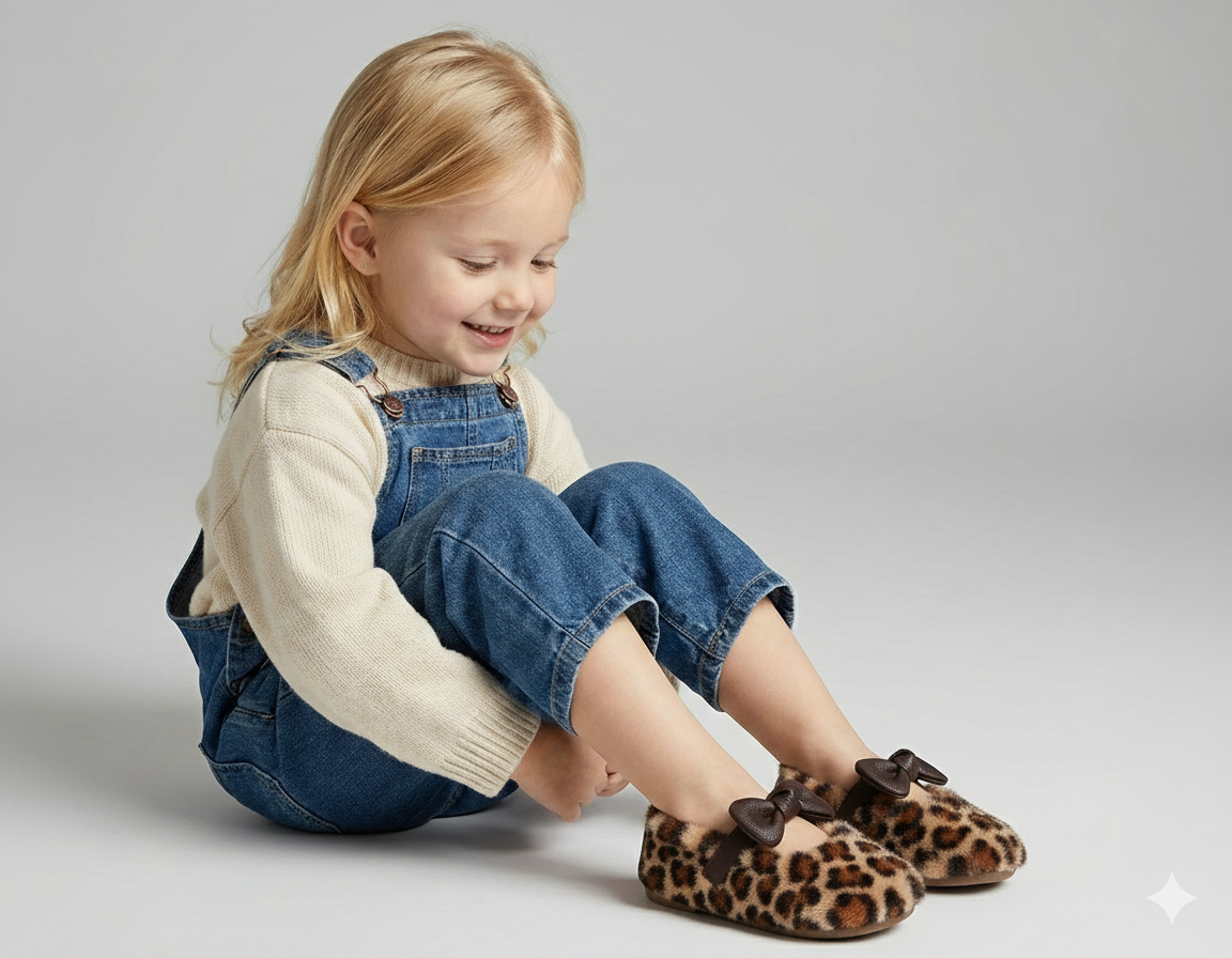 Girls' Fluffy Winter Flats with Leather Bow