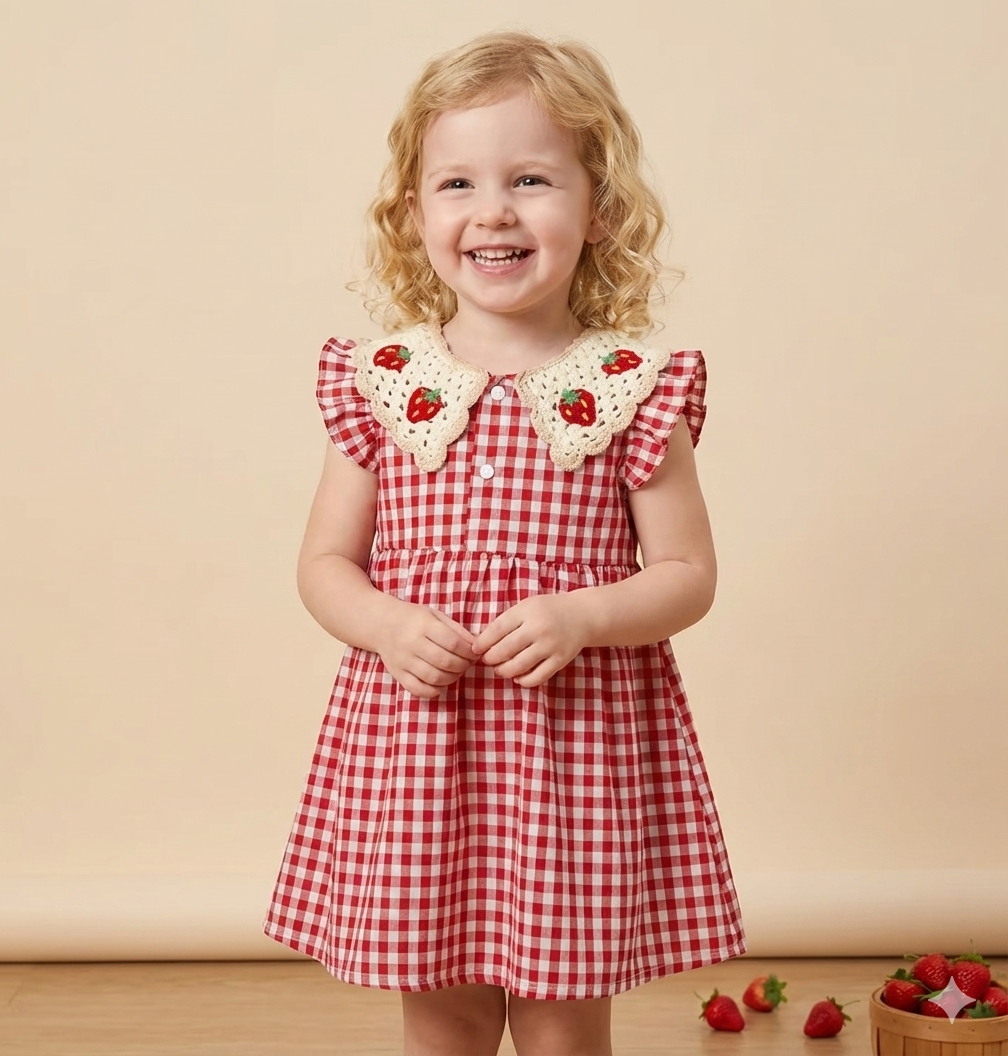 Checkered Dress with Strawberry Crochet Collar