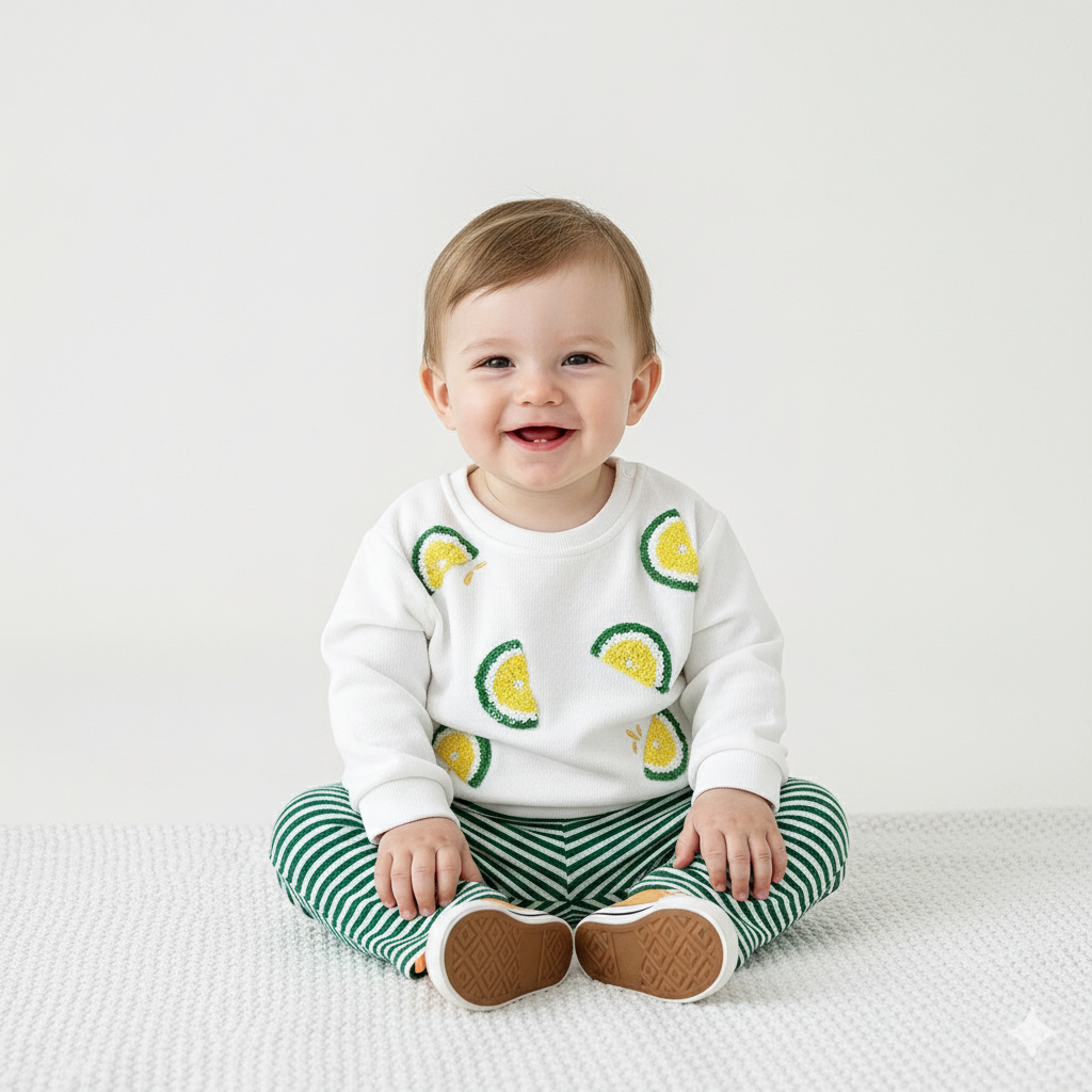 Lemon Embroidered Sweatshirt and Striped Pants Set