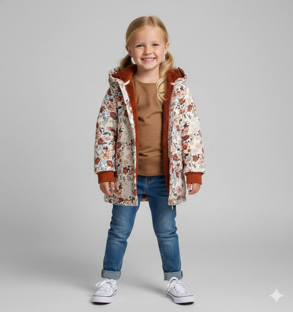 Floral Print Fleece-Lined Hooded Jacket