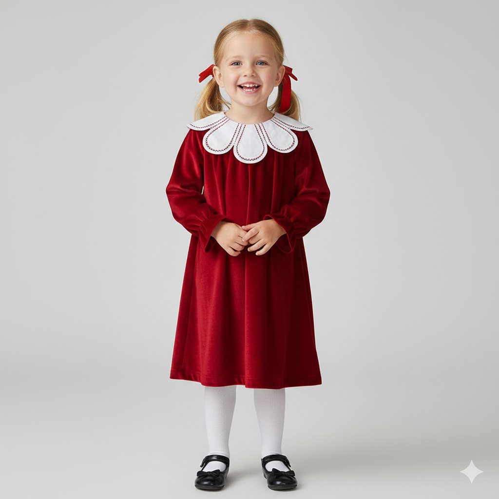 Girls' Velvet Party Dress with Statement Collar