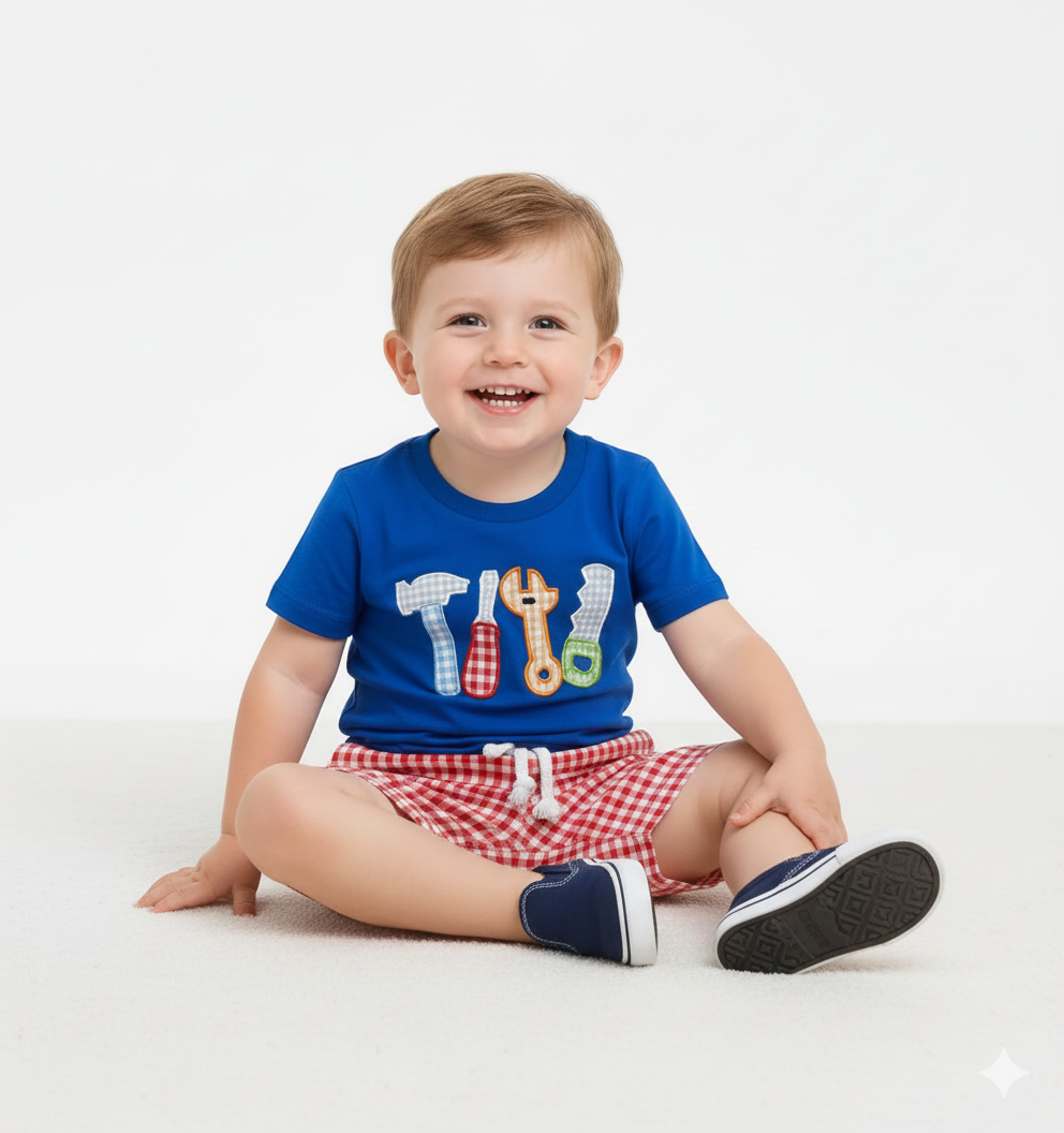 Tool Embroidery T-Shirt & Plaid Shorts Set