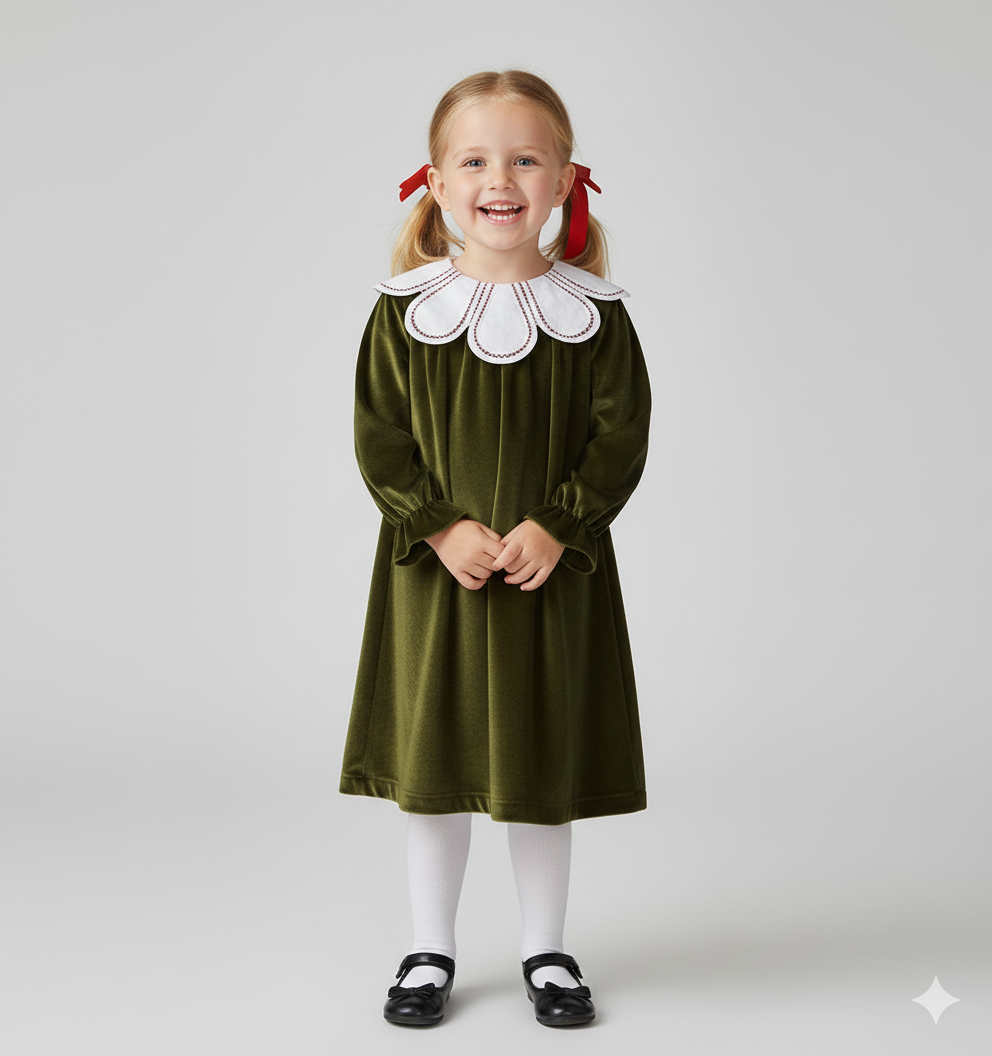 Girls' Velvet Party Dress with Statement Collar