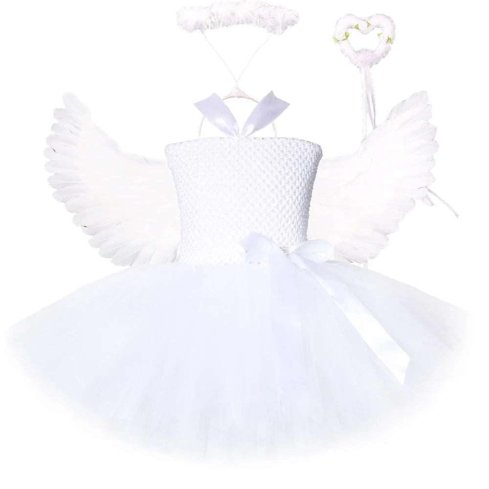 White girls angel tutu costume dress with a tulle skirt and ribbon bow.