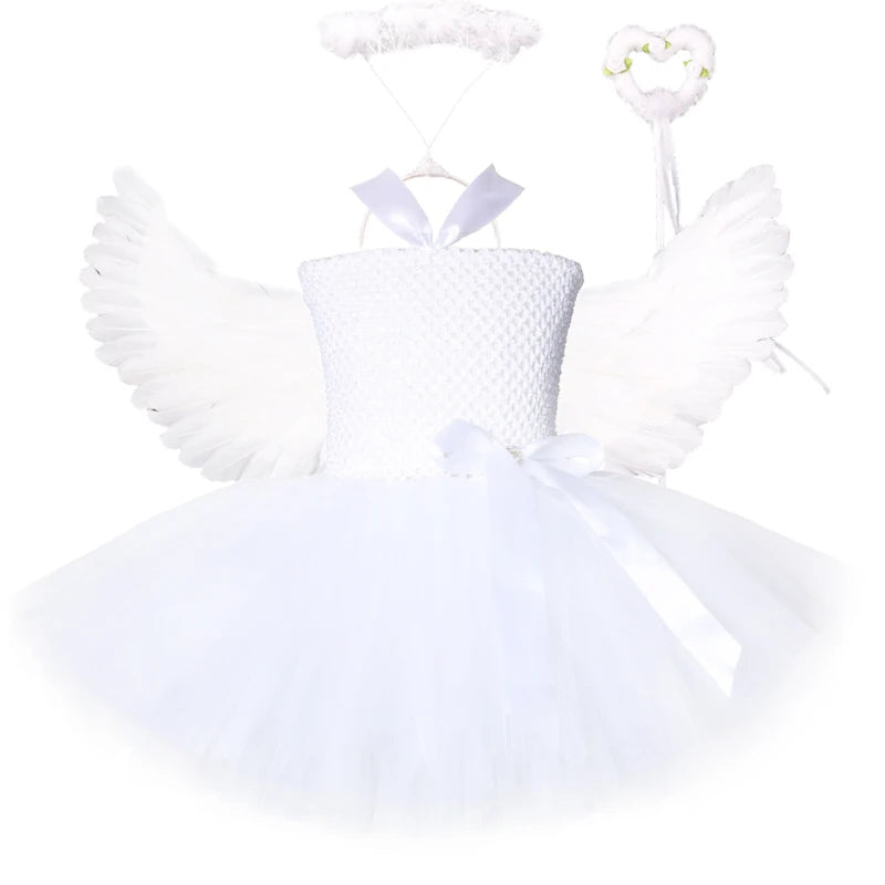 Girls White Angel Tutu Costume Dress