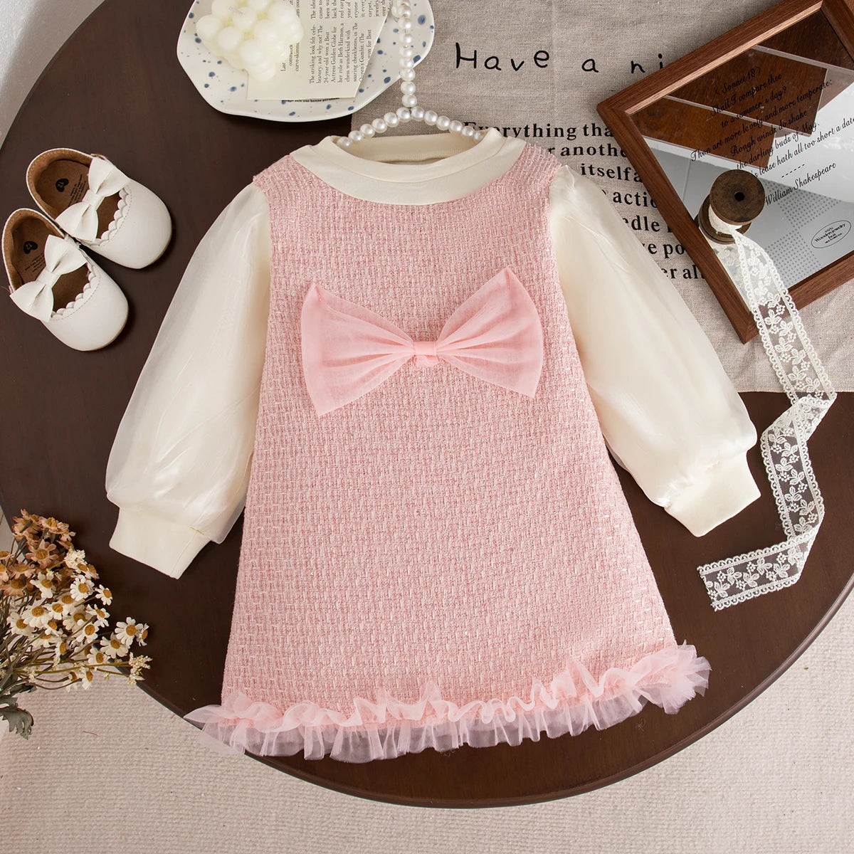 Sweet Bow Baby Girl Dress - Korean Style Long Sleeve Clothes