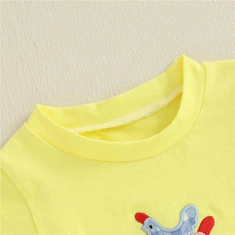 Toddler Boy Stacked Chick Embroidery Yellow T-Shirt & Blue Plaid Shorts 2-Piece Summer Set