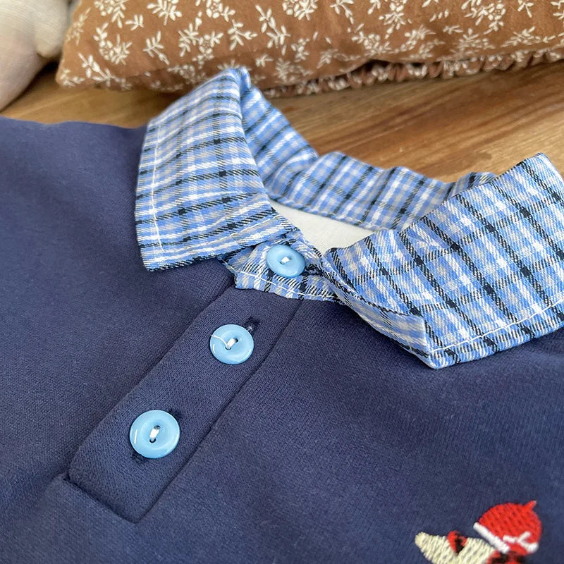 Boys Embroidered Plaid Collar Top & Pants Set