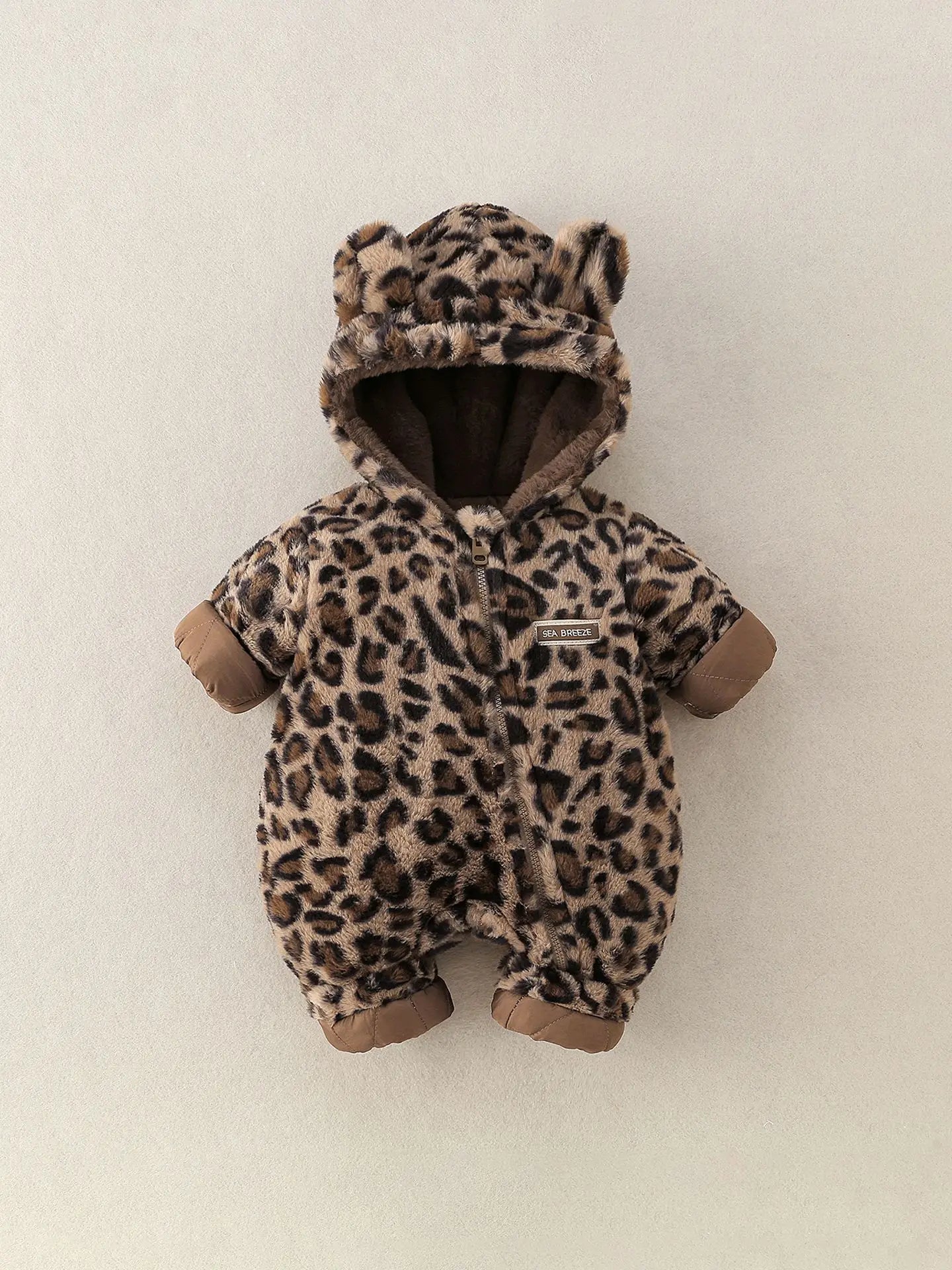 Baby Winter Hooded Romper with Fur Lining Leopard Print