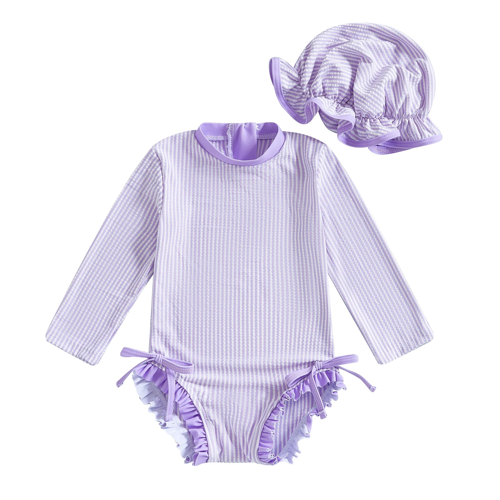 Girls Long Sleeve Striped Swimsuit with Hat
