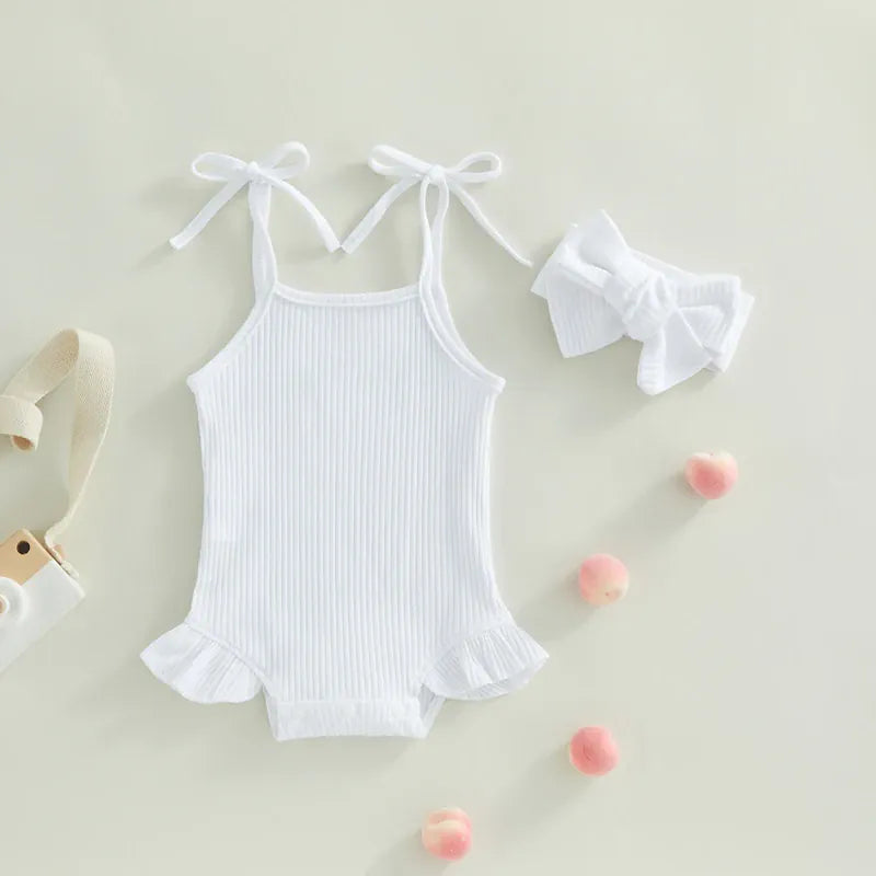 Baby Girl Ribbed Knit Tie-Up Strap Ruffle Romper & Headband Set