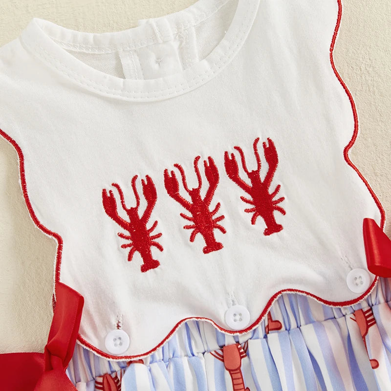 Baby Girl Lobster Embroidery Stripe Sleeveless Romper with Red Bows