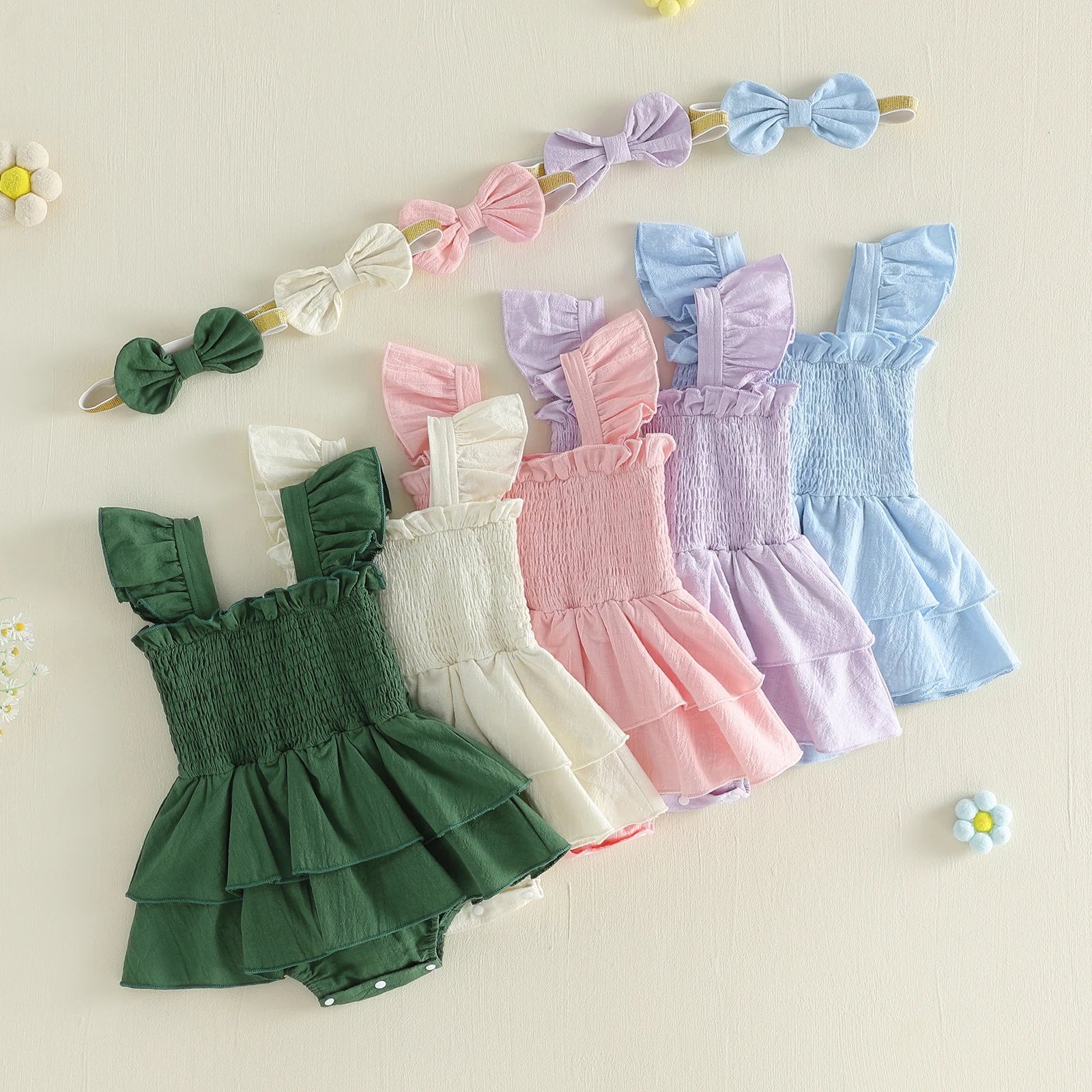 Baby Girl Fly Sleeve Solid Layered Romper Dress with Bow Headband