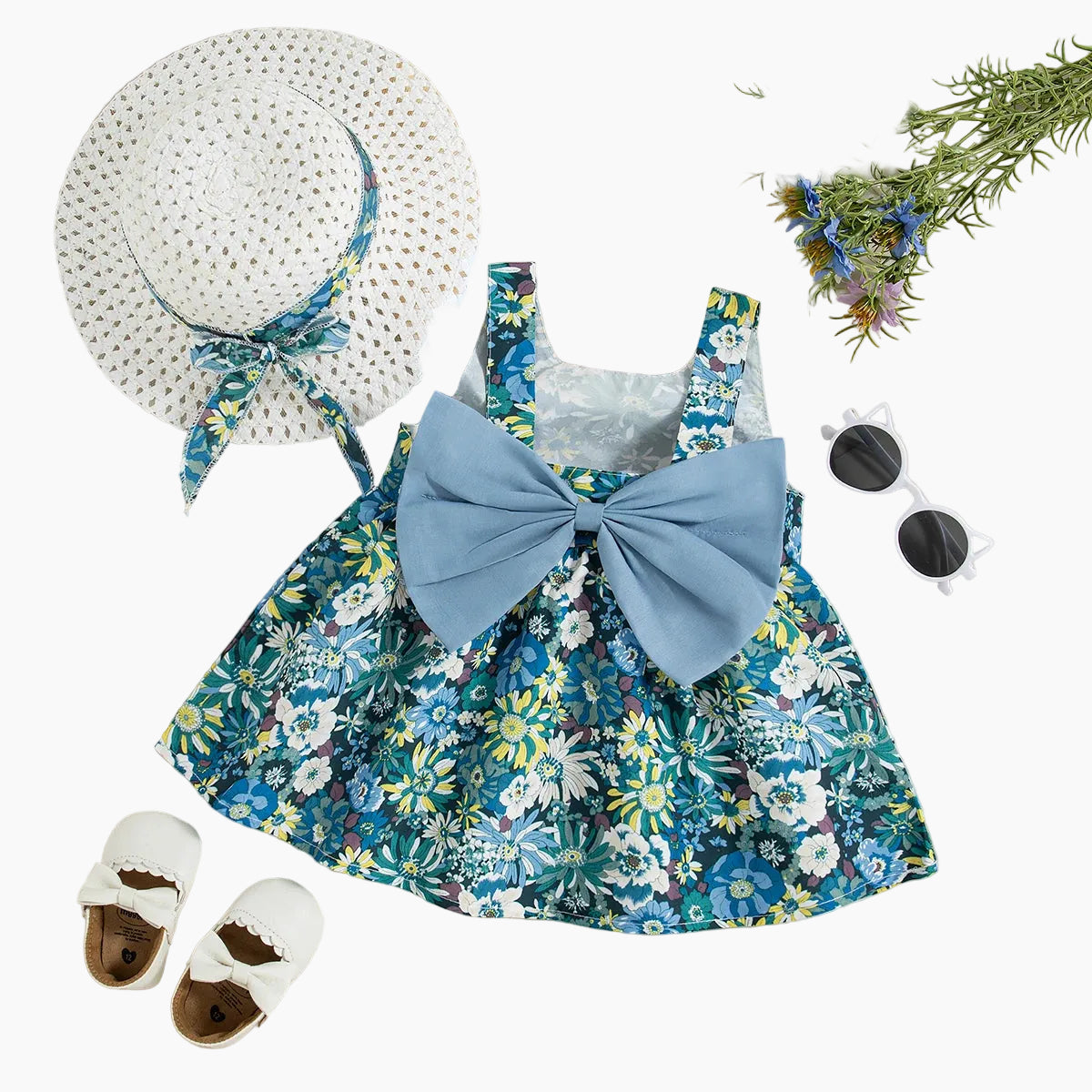 Floral Print Bow & Hat Princess Dress Set