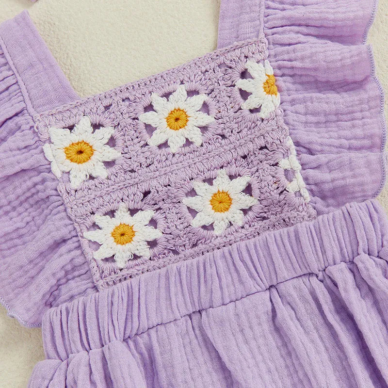 Baby Girl Crochet Flower Smocked Ruffle Romper & Headband Set