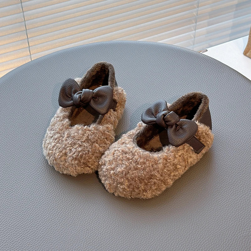 Girls' Fluffy Winter Flats with Leather Bow