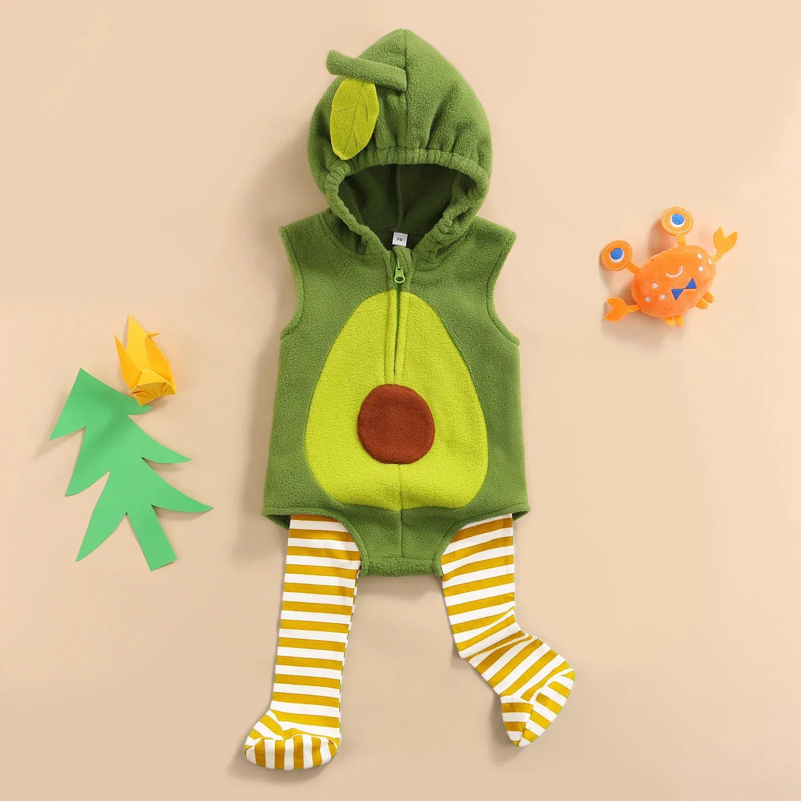 Baby Unisex Avocado Hooded Zipper Flannel Romper & Striped Stockings