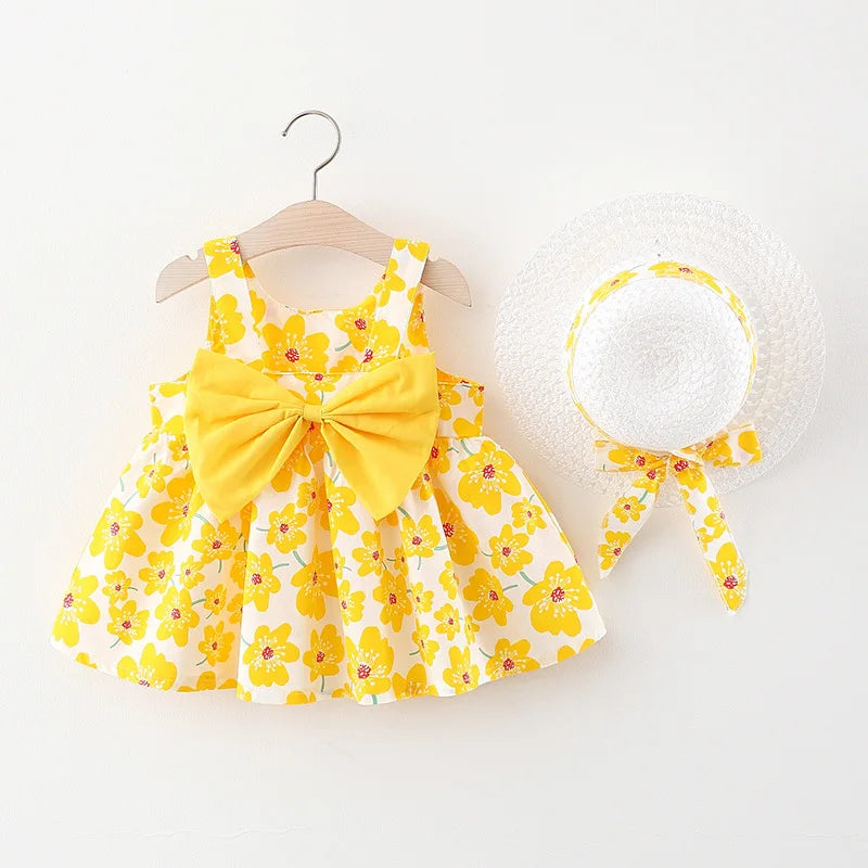 Floral Sling Dress & Gift Hat Set for Baby Girls