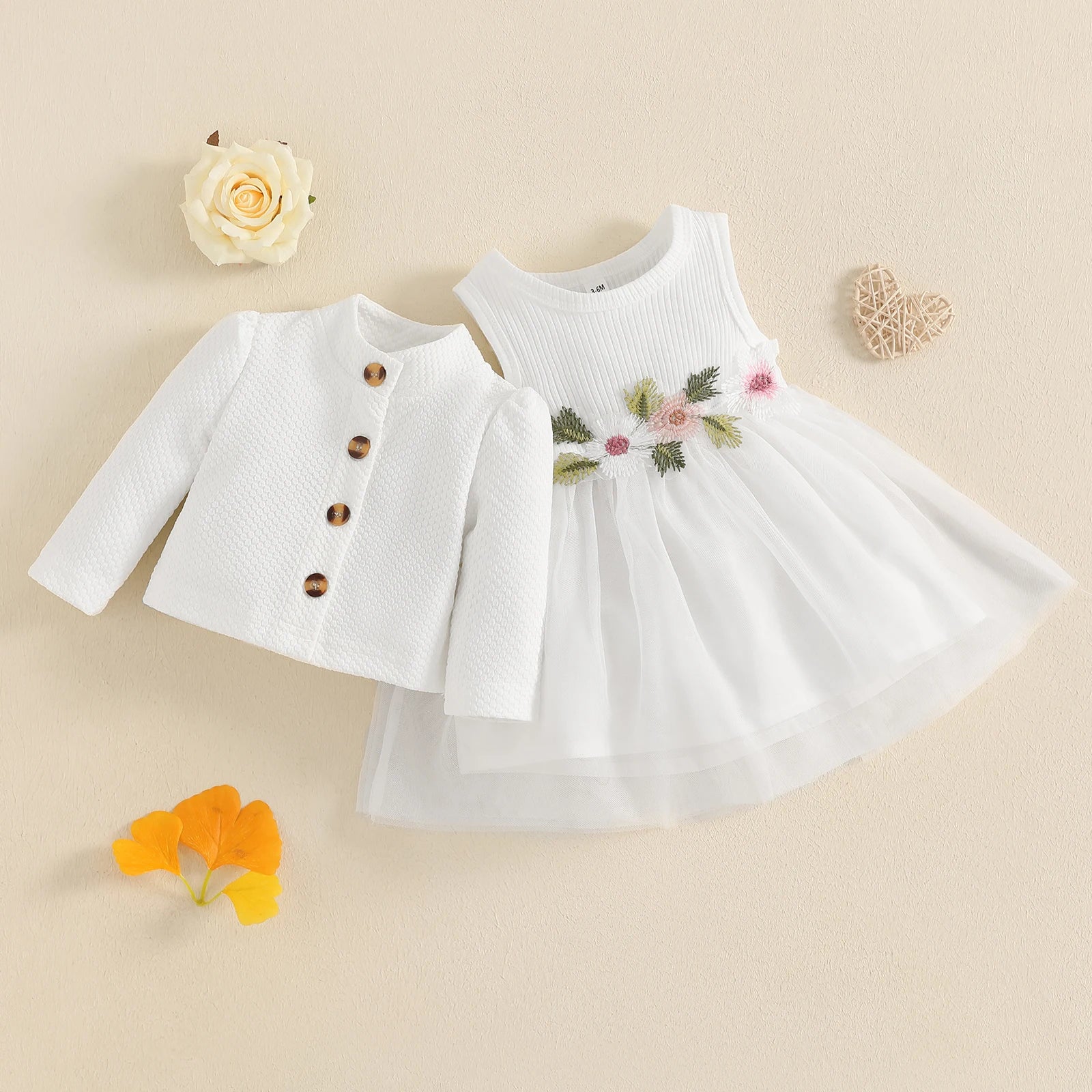 Baby Girl Fall Outfit - Floral Tulle Dress & Cardigan Set
