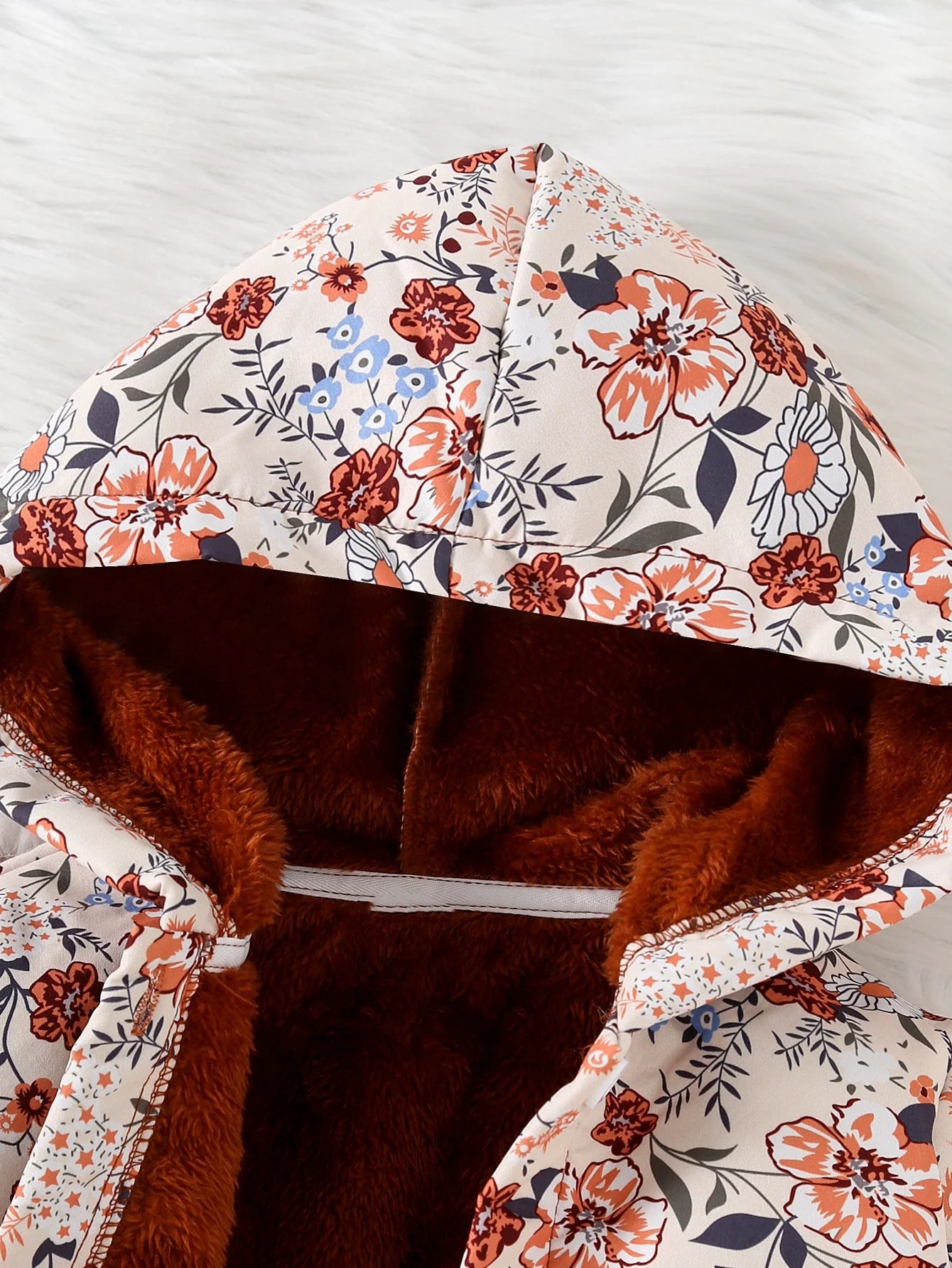 Floral Print Fleece-Lined Hooded Jacket