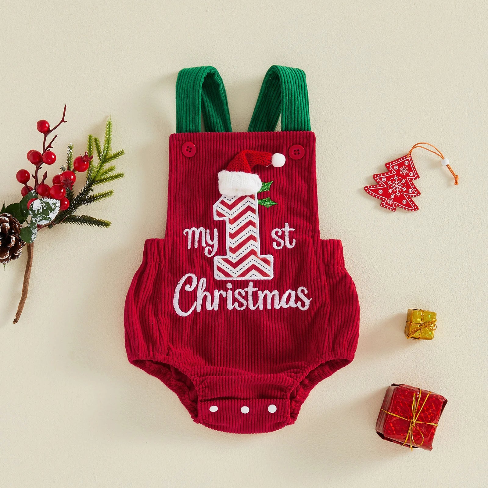 Baby Christmas Embroidered Suspender Bodysuit