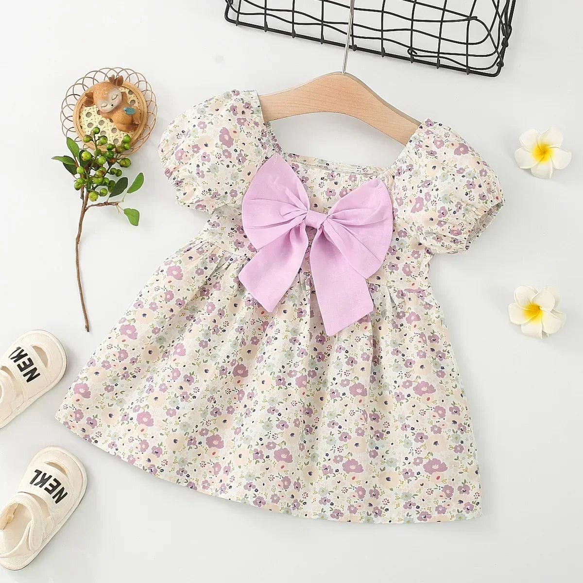 Floral Puff Sleeve & Bow Dress for Toddler Girls