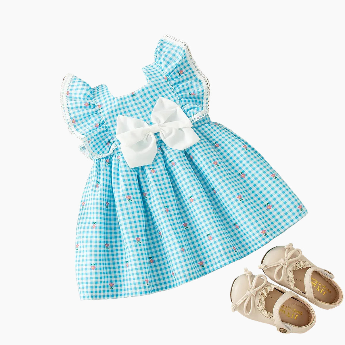 Baby Girl Blue Checkered Sleeveless Dress with Flower Bow Detail
