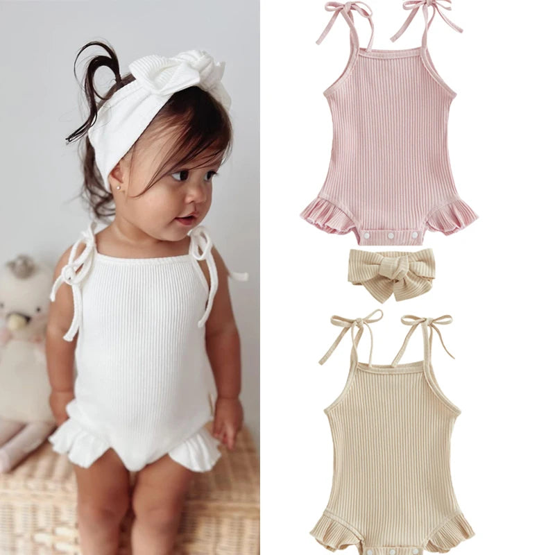 Baby Girl Ribbed Knit Tie-Up Strap Ruffle Romper & Headband Set