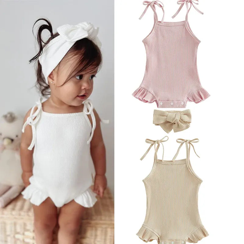 Baby Girl Ribbed Knit Tie-Up Strap Ruffle Romper & Headband Set