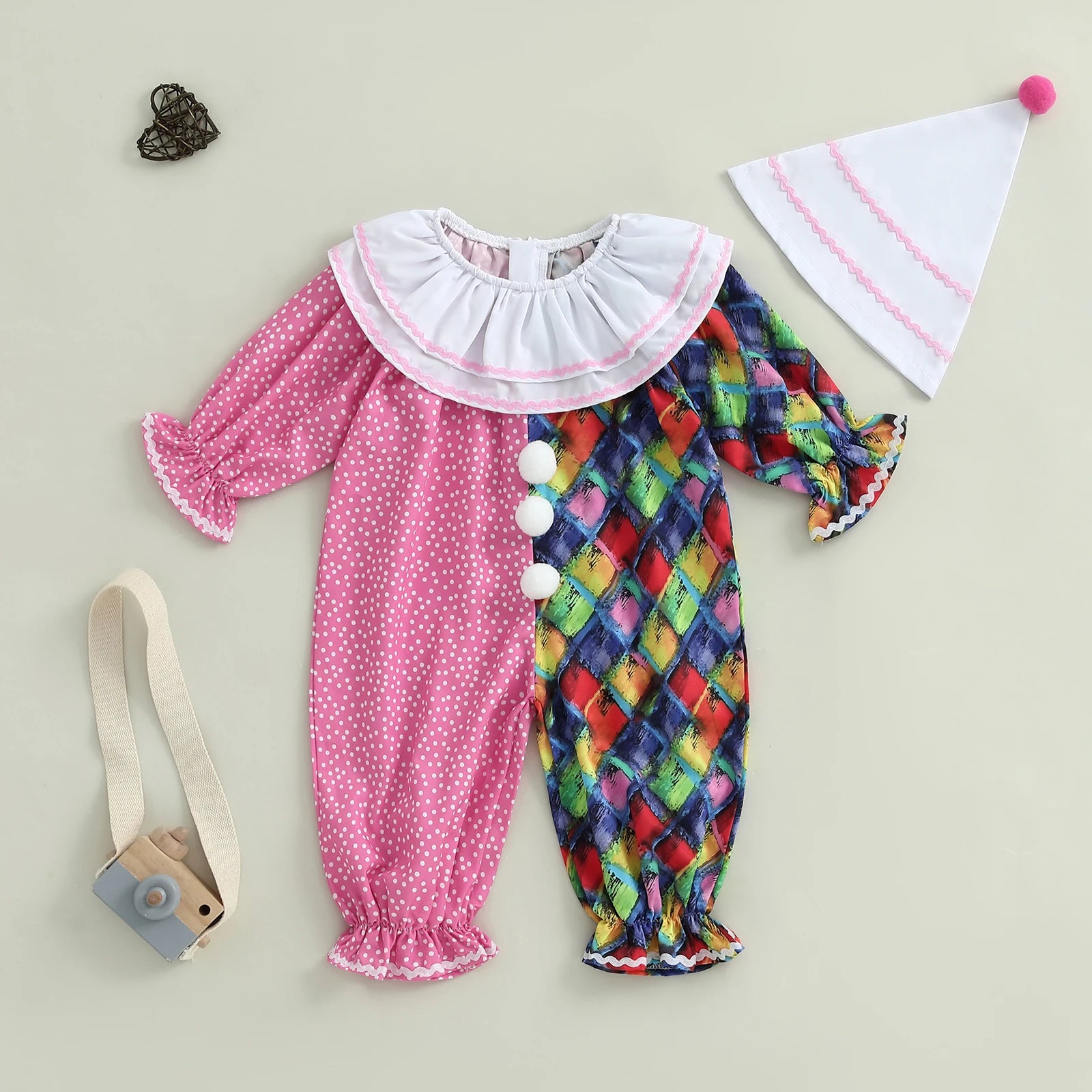 Toddler Clown Costume Jumpsuit & Hat- Funny Halloween Outfit