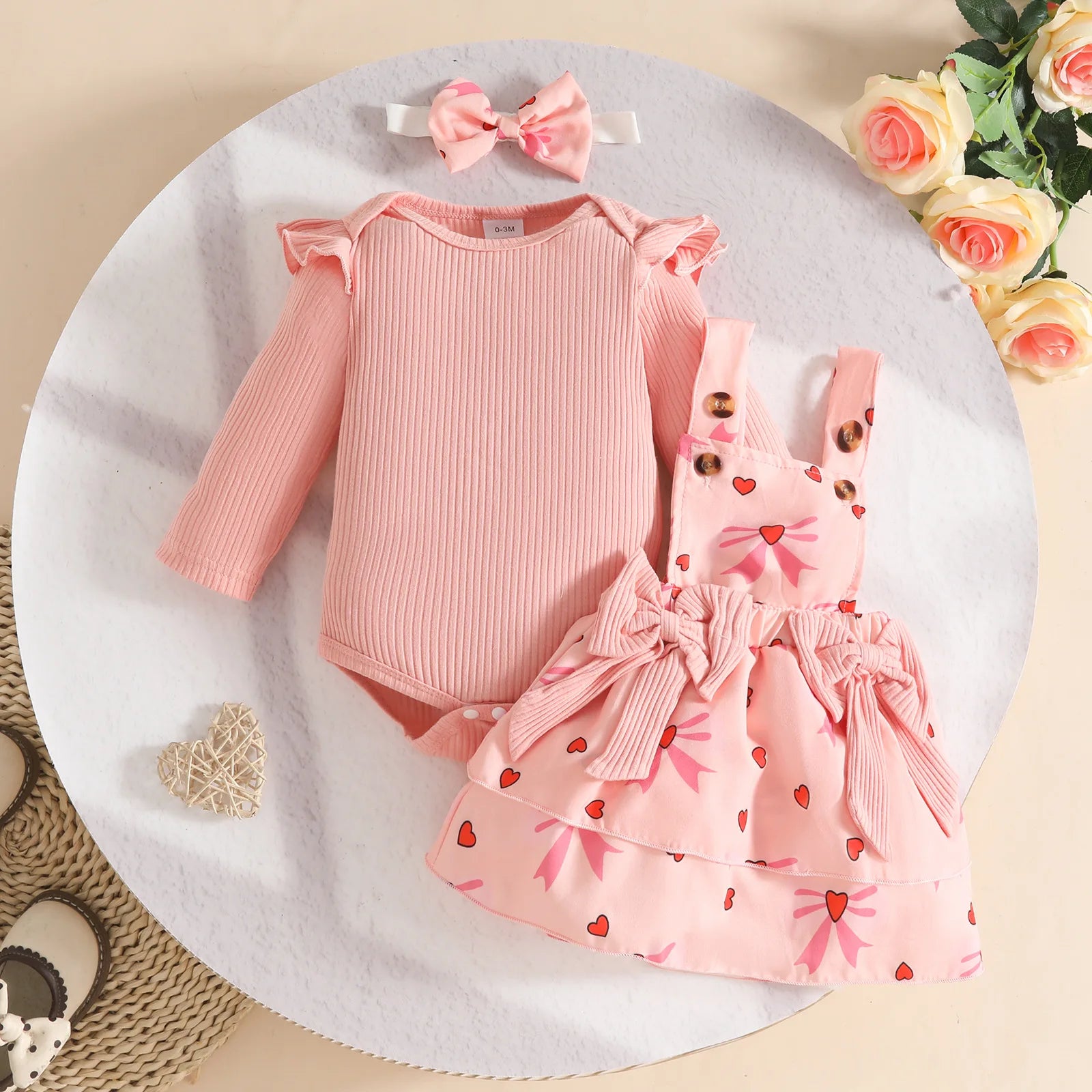 Baby Girl 3-Piece Fall Set | Ribbed Romper + Floral Overall Skirt + Hair Band