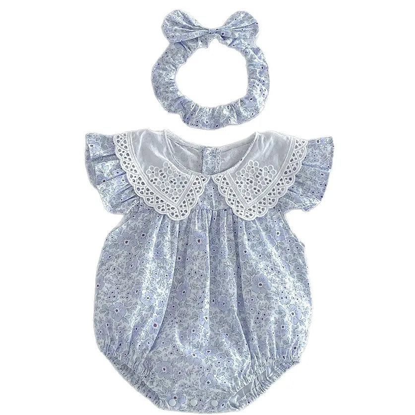 Baby Girl Floral Lace Doll Collar Flutter Sleeve Romper & Headband Set