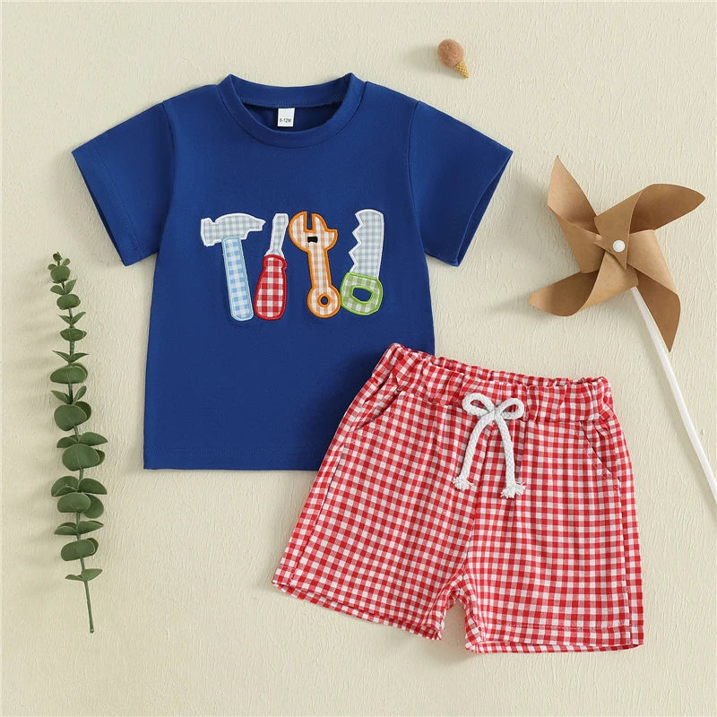 Tool Embroidery T-Shirt & Plaid Shorts Set