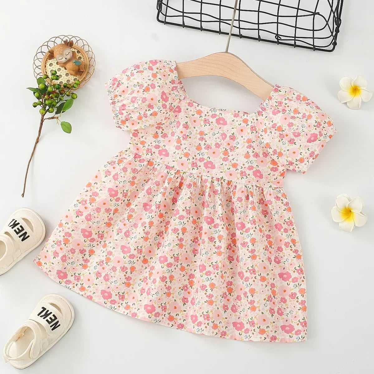Floral Puff Sleeve & Bow Dress for Toddler Girls