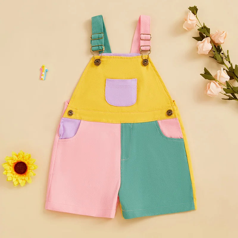 Vibrant Contrast Color Toddler Overalls Shorts