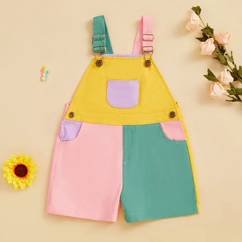 Vibrant Contrast Color Toddler Overalls Shorts