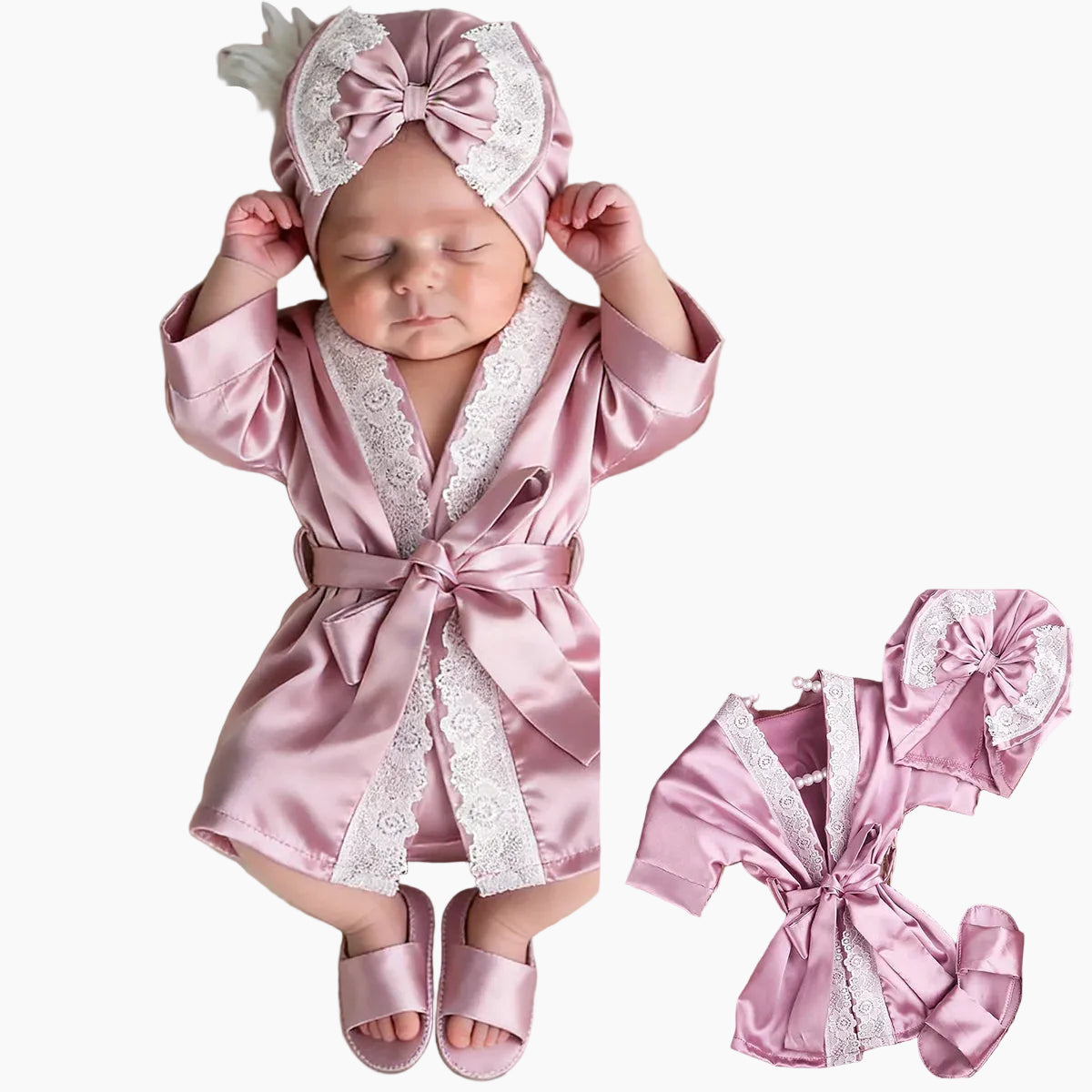 Newborn Lace Bathrobe Photo Set for Baby Girls - Robe, Turban Hat and Slippers