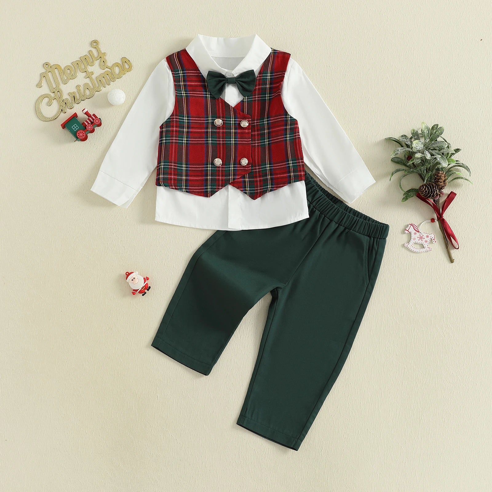 Boys Christmas Plaid Vest Outfit Set with Bow Tie & Pants