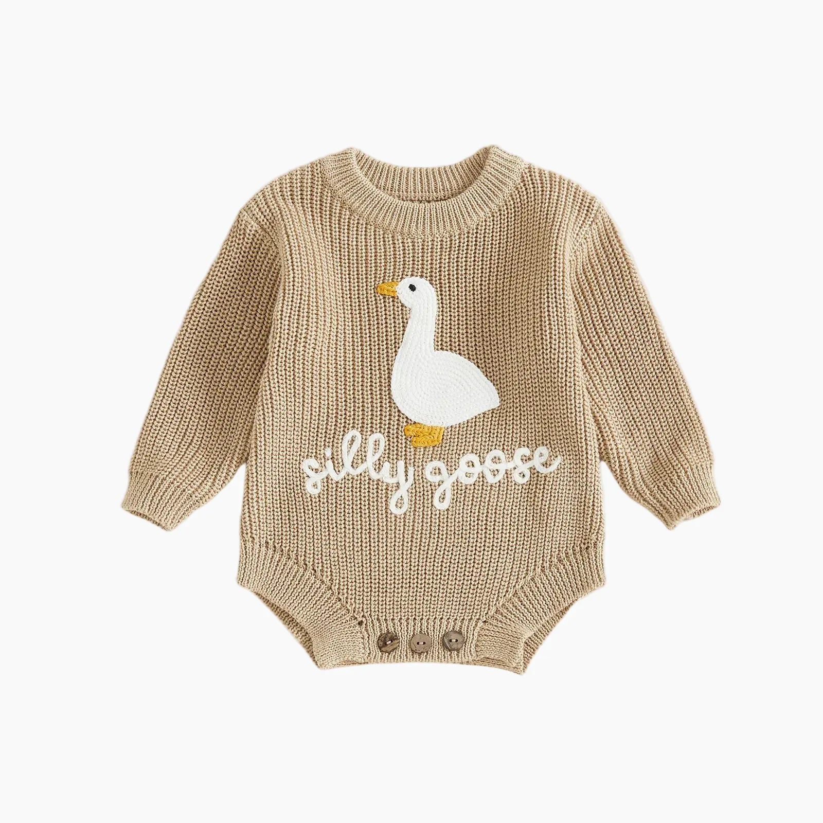 Infant Baby Knitted Long Sleeve Goose Embroidery Romper Jumpsuit