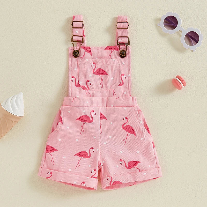 Girls Flamingo Print Denim Overalls
