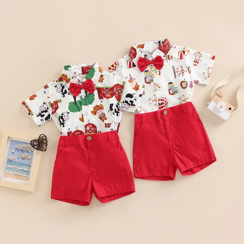 Boys Farm Circus Print 2-Piece Outfit Set with Bow Tie