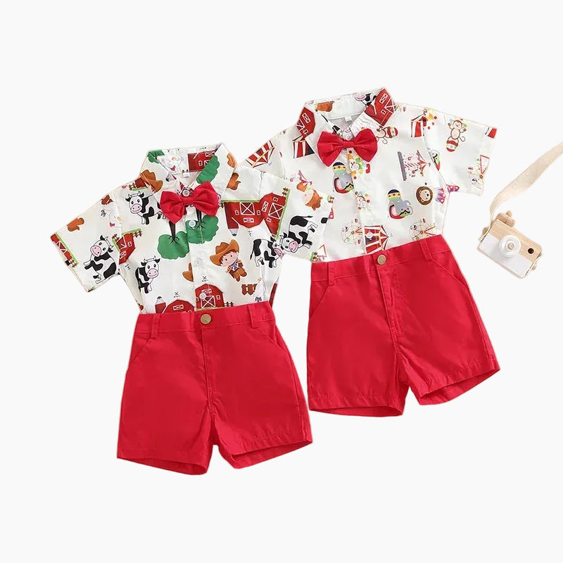 Boys Farm Circus Print 2-Piece Outfit Set with Bow Tie