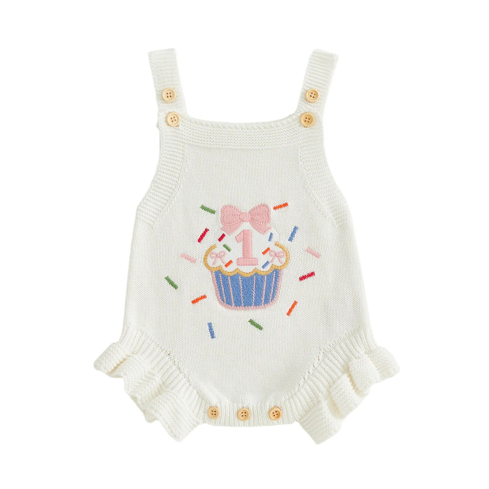 White / 6-12M Baby Girl 1st Birthday Knit Bodysuit Embroidery Cupcake 6–18M