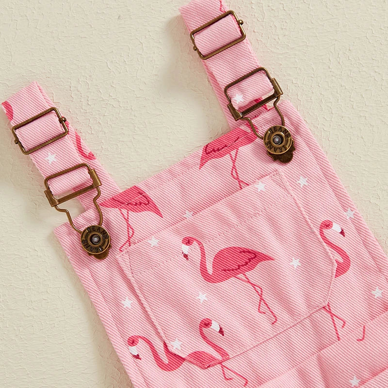 Girls Flamingo Print Denim Overalls