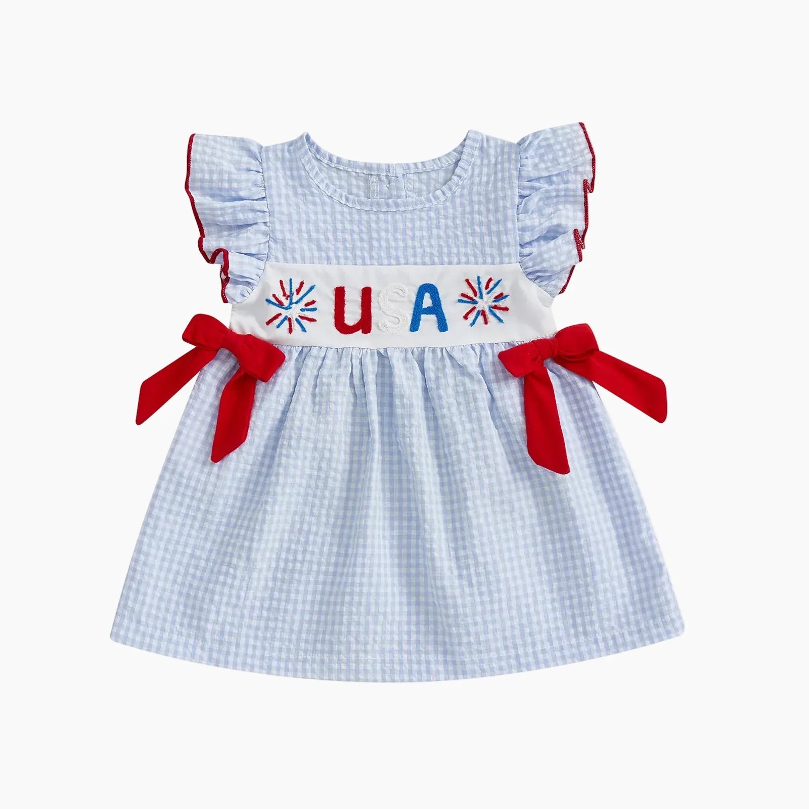 Girl 4th of July USA Firework Embroidery Flying Sleeve Dress
