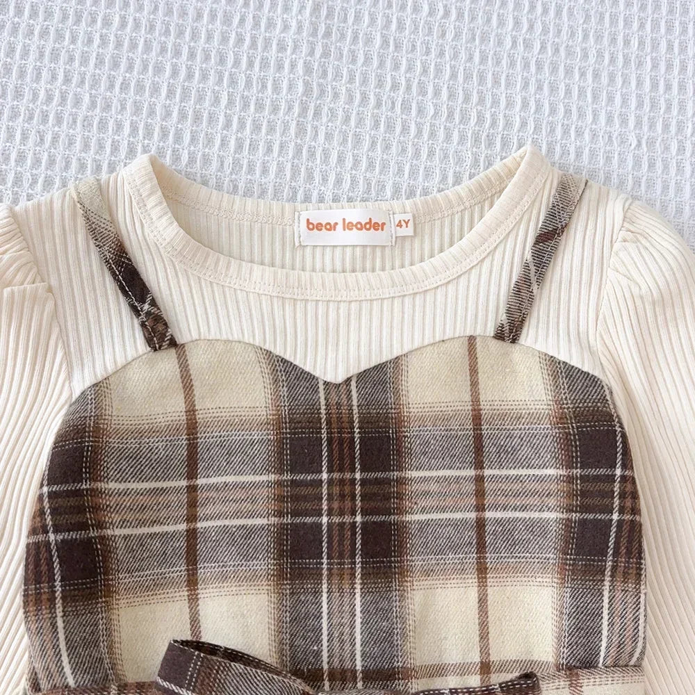 Girls' Plaid Dress Outfit with Belt & Hat - Autumn Casual Style