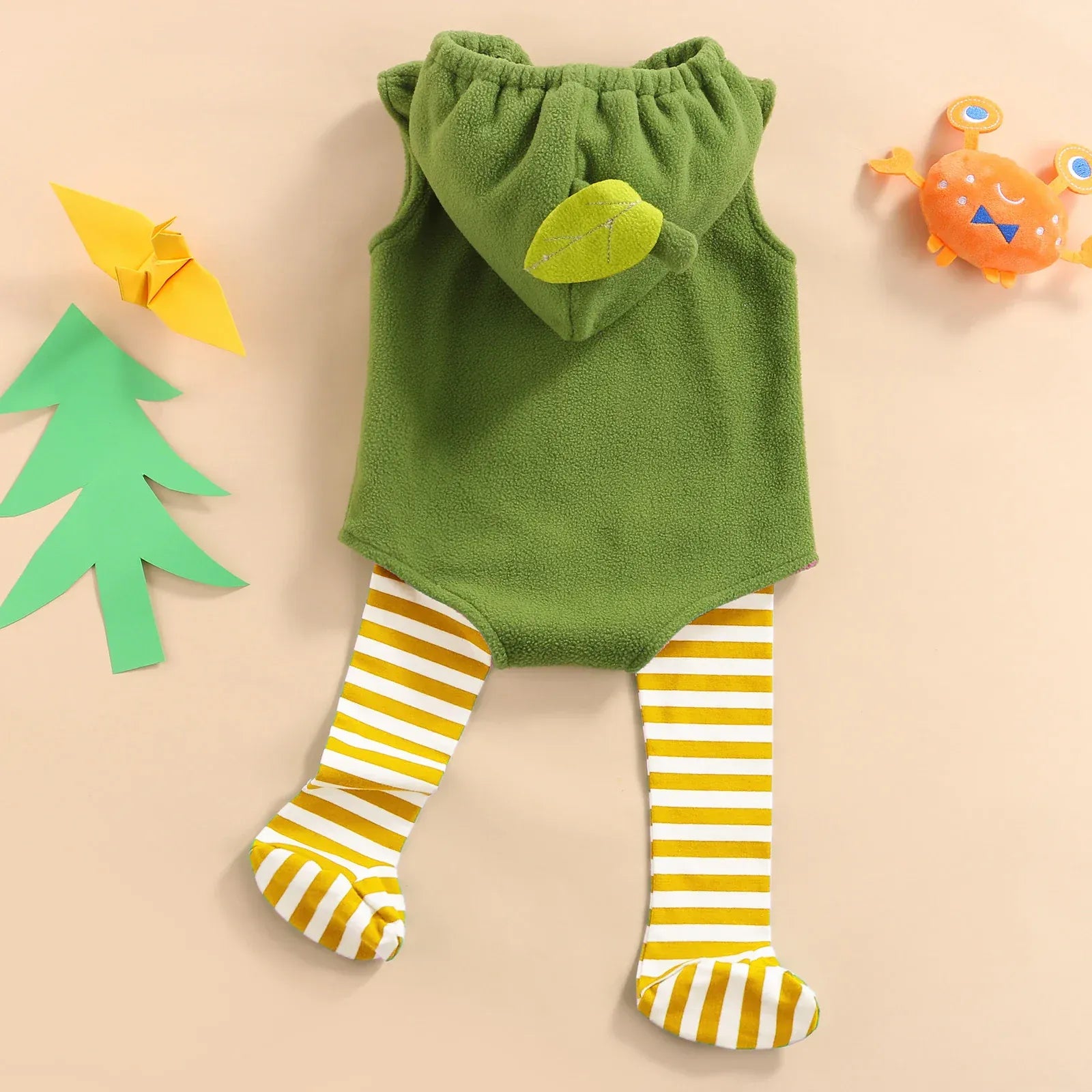 Baby Unisex Avocado Hooded Zipper Flannel Romper & Striped Stockings