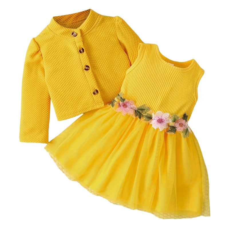 Baby Girl Fall Outfit - Floral Tulle Dress & Cardigan Set