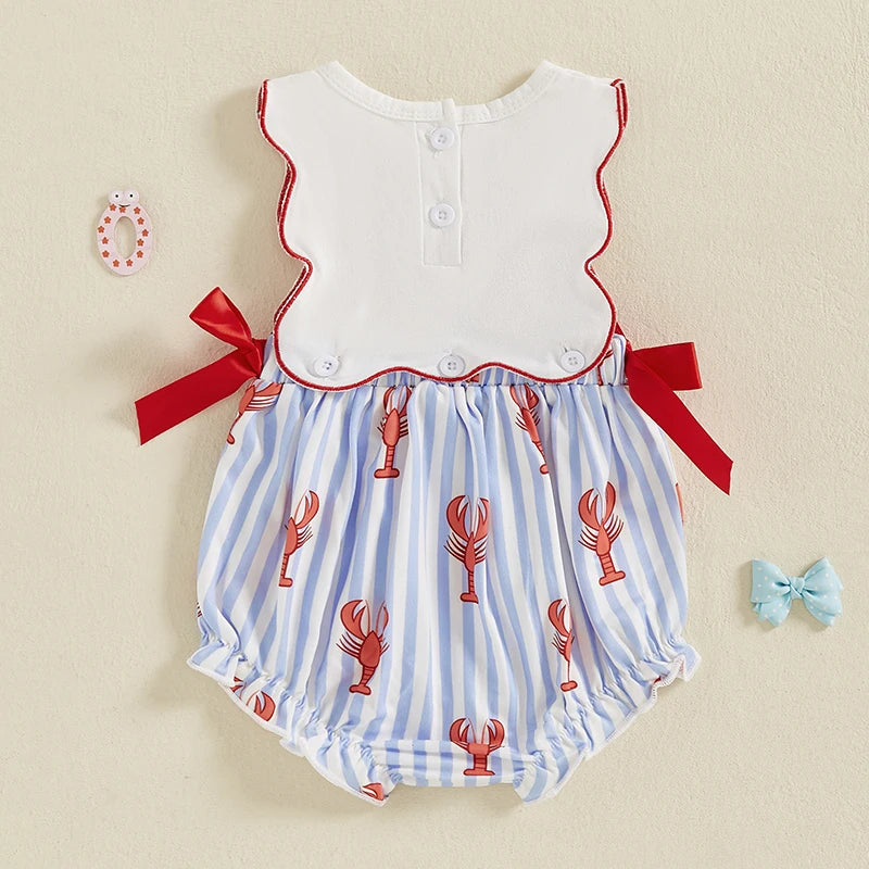 Baby Girl Lobster Embroidery Stripe Sleeveless Romper with Red Bows