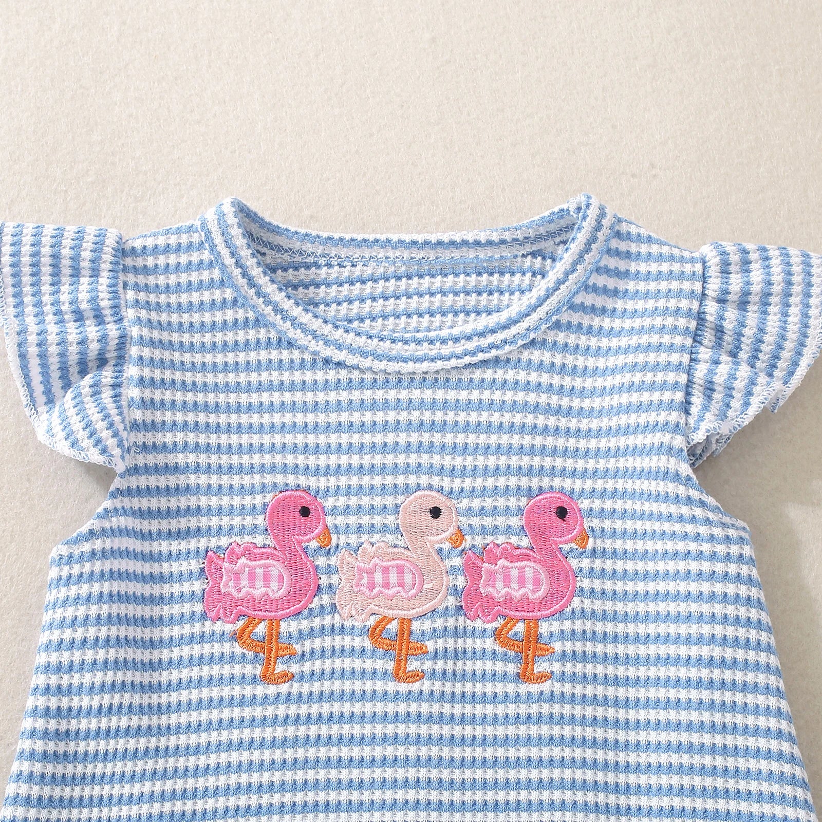 Flamingo Embroidered Waffle Knit Bodysuit with Flutter Sleeves